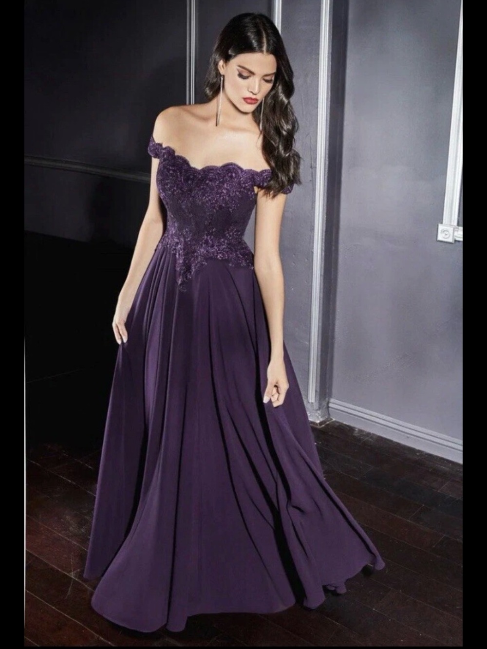 Off-Shoulder Lace Bodice Evening Dress in Deep Purple